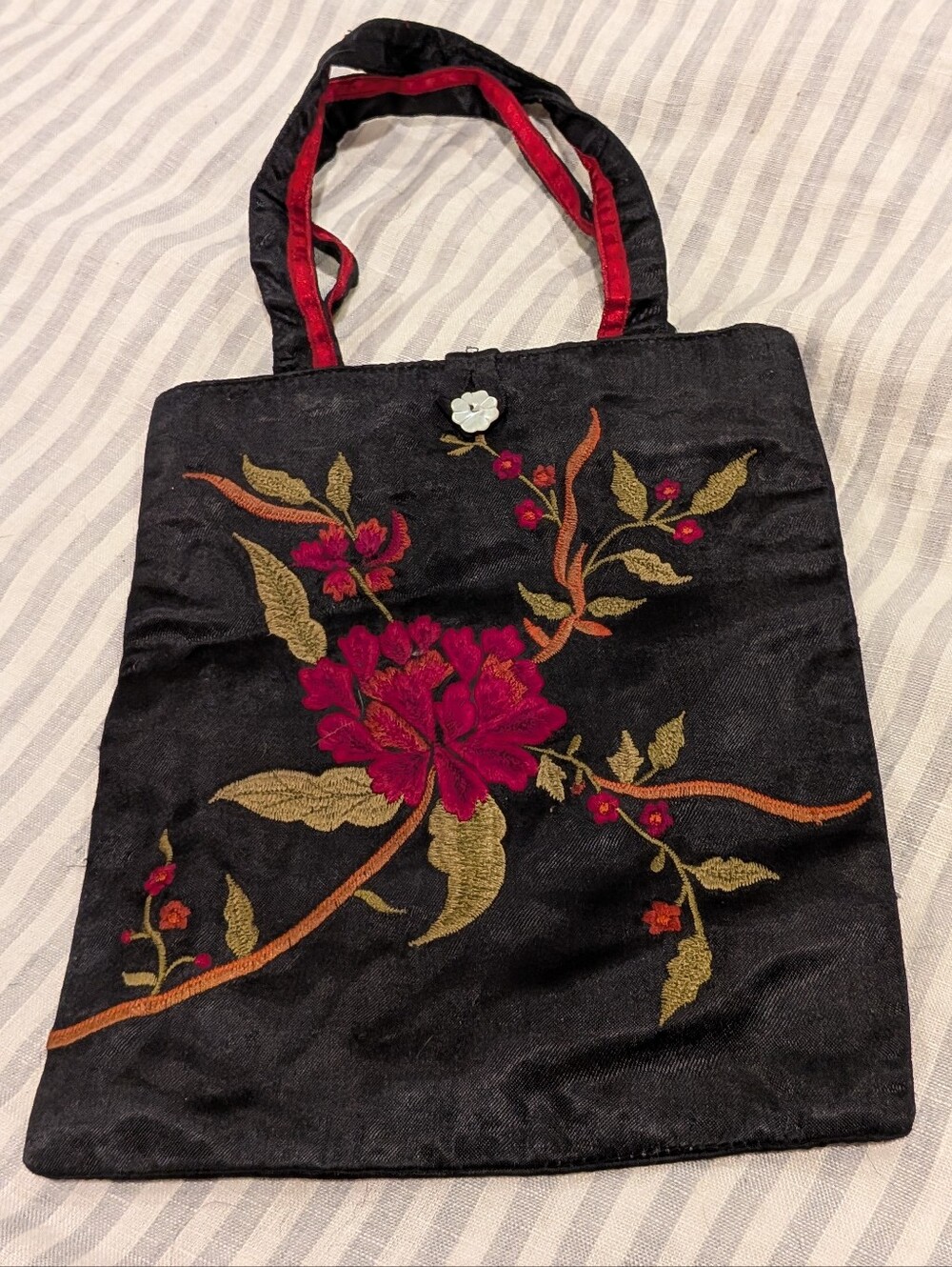 Vintage Black Embroidered Floral Small Fabric Bag with Red Accents